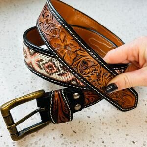 44in Aztec Western Tooled Leather Belt Coral Pink & Browns